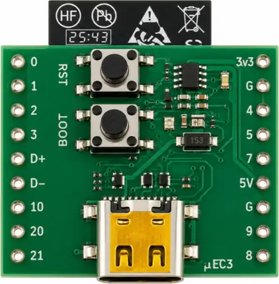 µEC3 board, front side: green PCB with RST and BOOT buttons, USB-C connector and gold-plated header pads labelled 0 through 21.