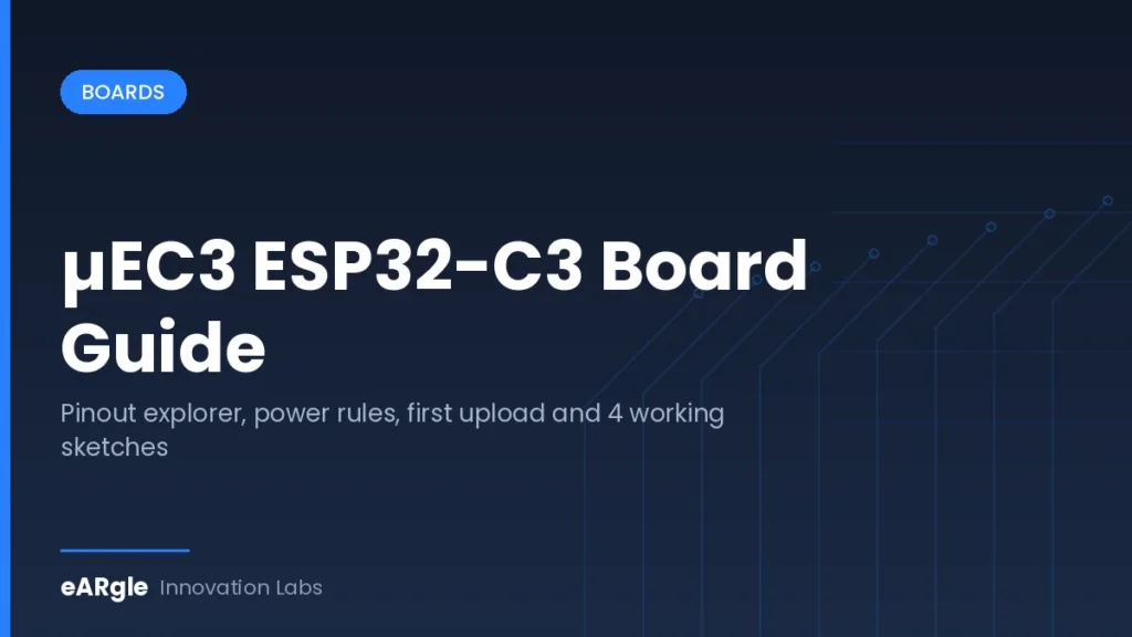 Cover image for the µEC3 ESP32-C3 development board guide from eARgle Innovation Labs.