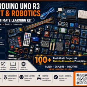 eARgle Arduino Uno R3 IoT and robotics learning kit with 60+ components laid out — Arduino Uno board, breadboards, sensors, OLED and LCD displays, relays, motors and a 4WD robot car chassis